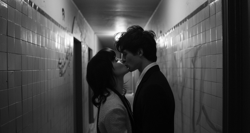 Couple partageant un baiser passionn&eacute; dans un couloir intime