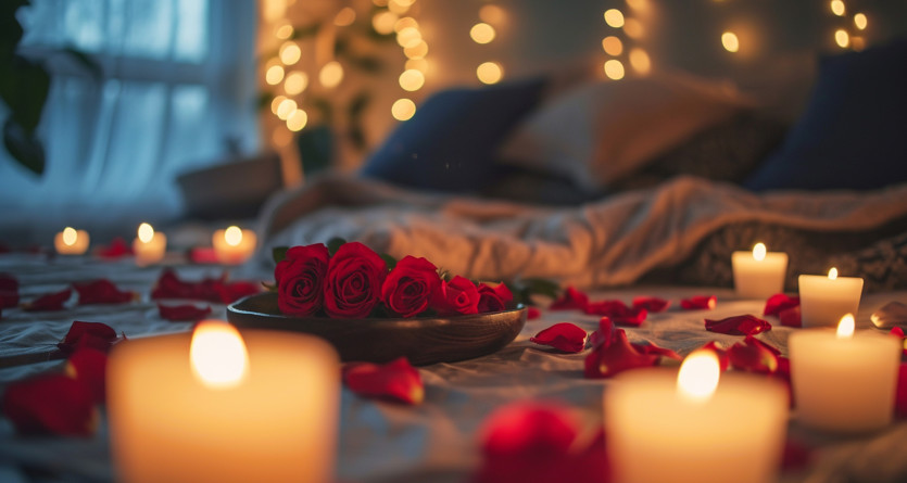 D&eacute;cor romantique de chambre avec p&eacute;tales de roses et bougies allum&eacute;es