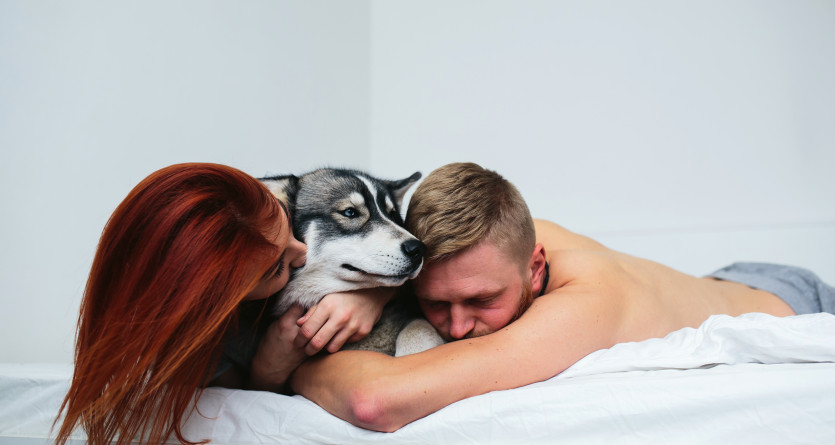 Couple allong&eacute; sur le lit, partageant un moment tendre avec leur chien