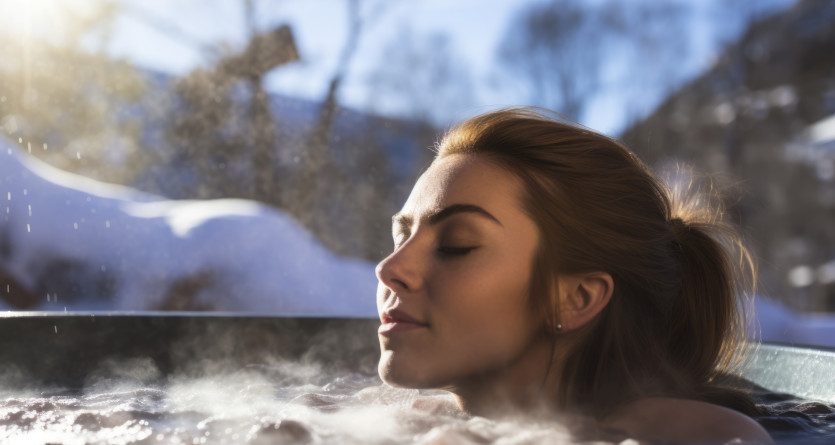 Une femme se relaxe dans un jacuzzi privatif en ext&eacute;rieur avec un d&eacute;cor hivernal