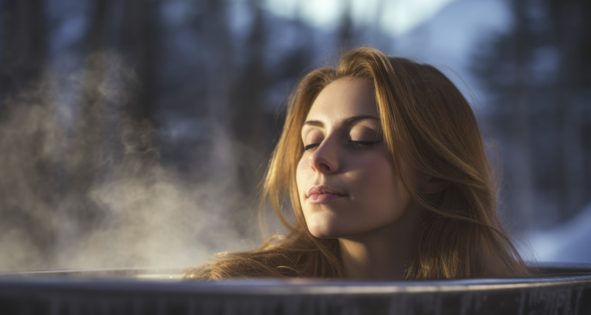 Femme profitant d&rsquo;un moment de d&eacute;tente dans un jacuzzi en ext&eacute;rieur, entour&eacute;e de nature
