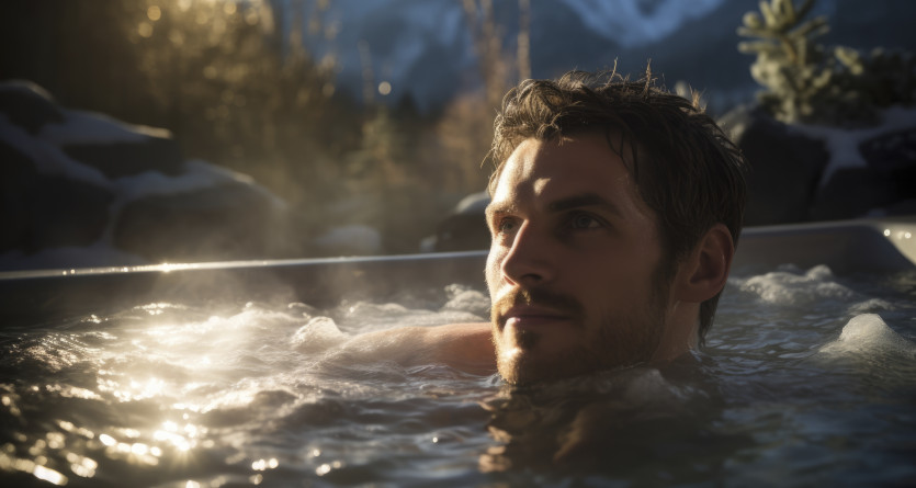 Homme profitant d&rsquo;un moment de d&eacute;tente dans un jacuzzi en plein air avec une vue sur les montagnes