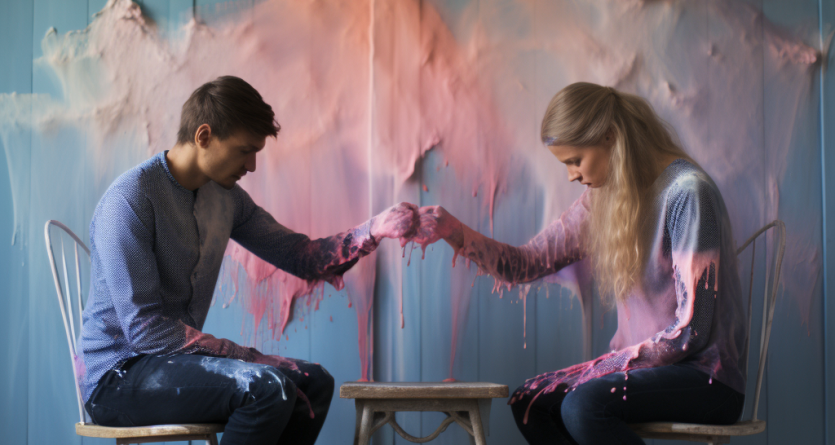 Couple cr&eacute;ant une &oelig;uvre d'art ensemble, m&eacute;taphore d'une 'Love Room' unique