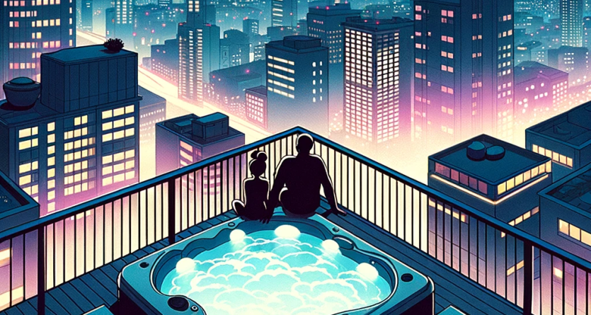 Couple profitant d'un jacuzzi sur un toit, surplombant les lumi&egrave;res de la ville