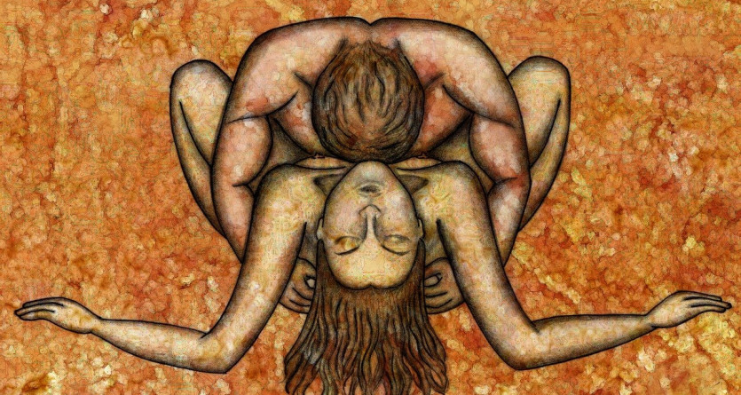 Illustration artistique d'une &eacute;treinte, refl&eacute;tant la passion en chambre romantique