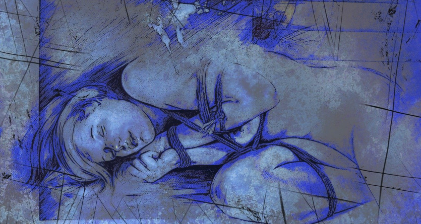 Esquisse en bleu d'une femme reposant, &eacute;voquant calme et s&eacute;r&eacute;nit&eacute;