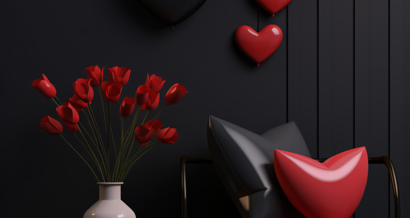 D&eacute;coration &eacute;l&eacute;gante avec c&oelig;urs et tulipes rouges dans une chambre moderne