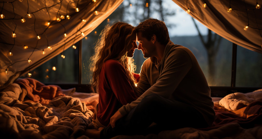 Couple partageant un moment romantique sous des lumi&egrave;res f&eacute;eriques dans une Secret Room