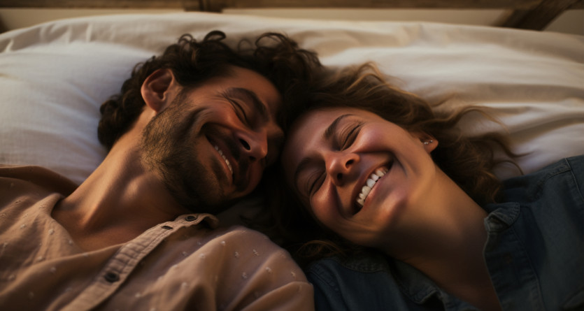 Couple souriant allong&eacute; dans une Love Room romantique