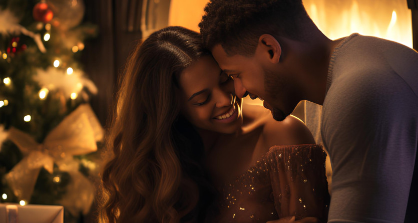 Couple romantique pr&egrave;s d&rsquo;une chemin&eacute;e dans une chambre Love Room festive