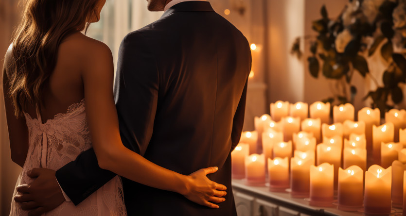Couple dans une atmosph&egrave;re romantique entour&eacute; de bougies pour une soir&eacute;e intime